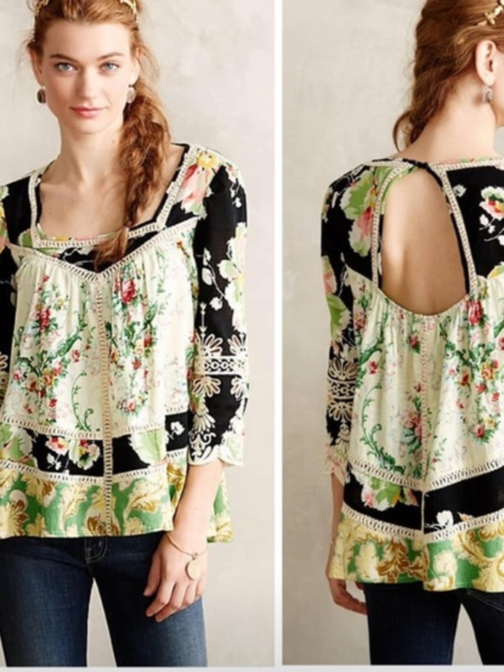 Anthropologie Vanessa Virginia Prateria Peasant Boho Mixed Floral Blouse Size 8